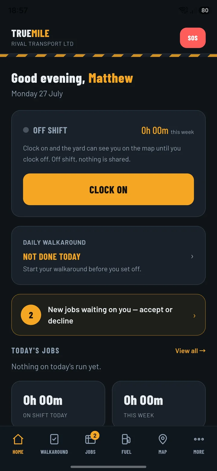 The TrueMile driver app on a phone: a clock-on button, the daily walkaround marked not done, two new jobs waiting to be accepted or declined, and a row of tabs for home, walkaround, jobs, fuel, map and more.