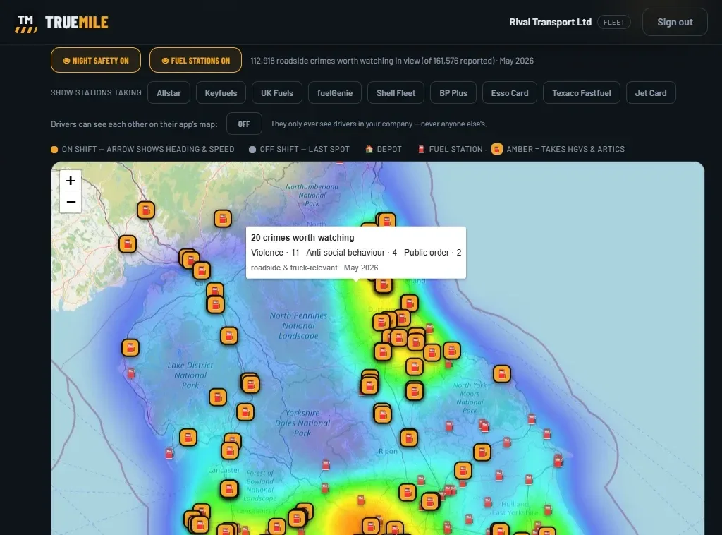 The TrueMile live map: a crime heat map of northern England with HGV fuel stations pinned, fuel-card filters along the top, and a popup reading 20 roadside crimes worth watching.